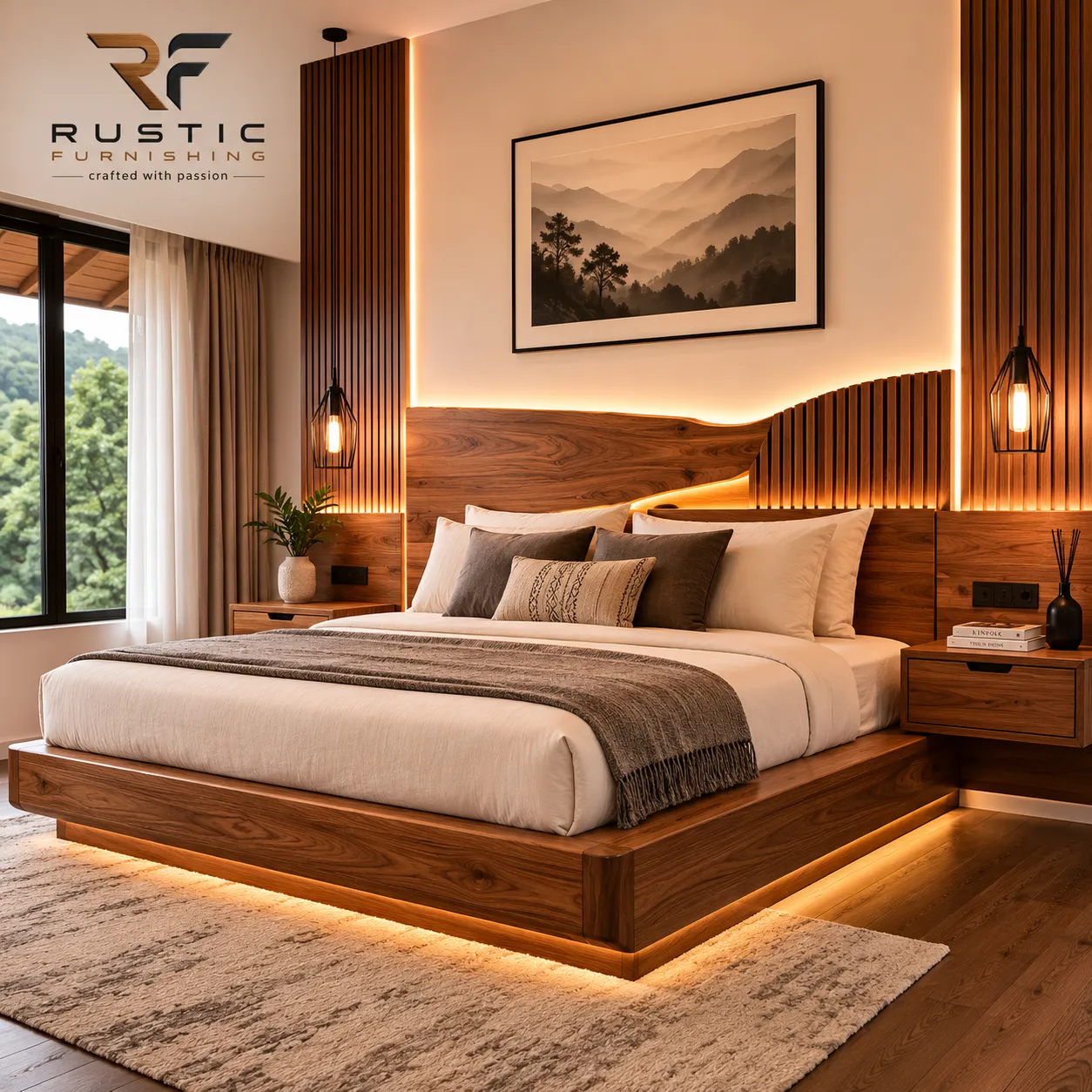 Royal walnut custom bed frame handcrafted by a leading wooden furniture manufacturer