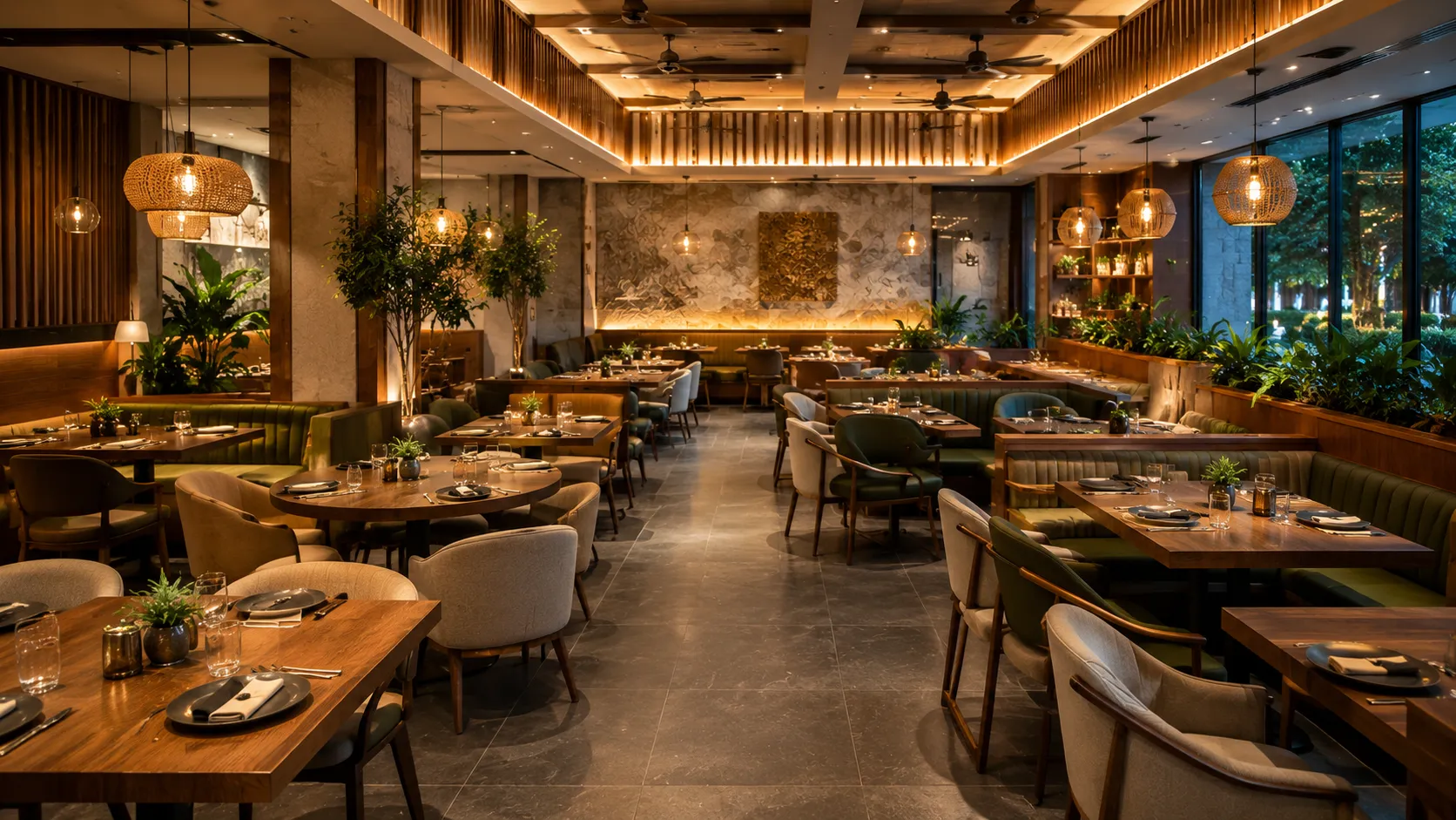 Custom wooden dining tables and restaurant seating arranged for a commercial space in Itanagar