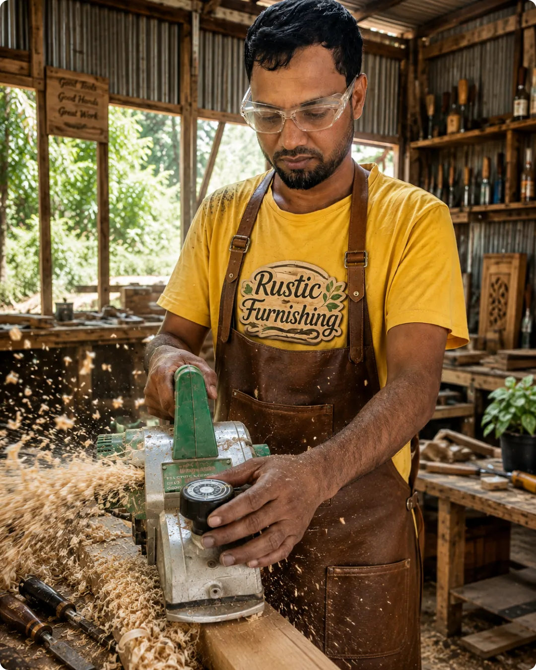 Artisan applying premium finish to custom teak wood furniture in Itanagar